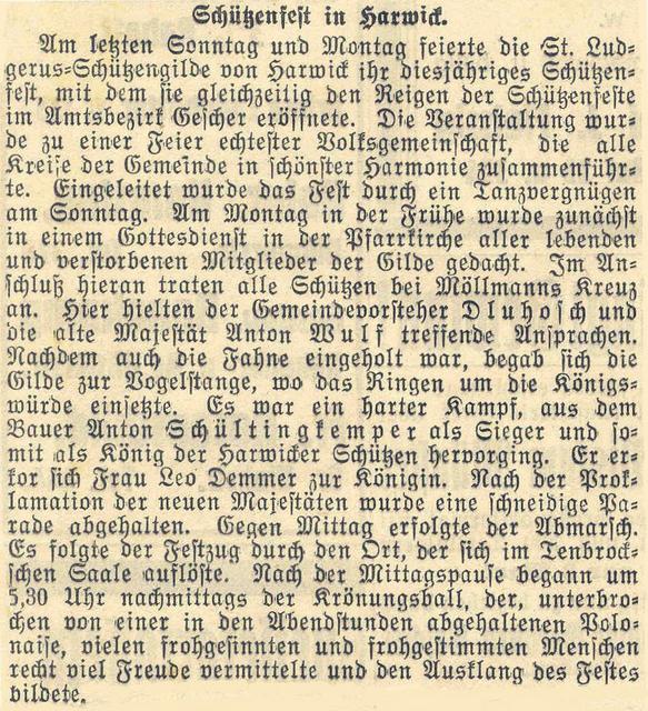 1934_AZ-Bericht.jpg - Zeitungsbericht vom Schützenfest am 13. u. 14. Mai 1934. Schützenkönig wurde Bernhard Schültingkemper gt. Schriewer mit Königin Anna Demmer.